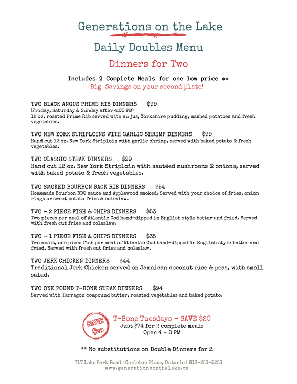 Generations on the lake Mississippi Lake Carleton Place Daily Doubles menu. 2 complete meals for the price of one