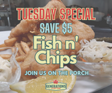 fish & chips  on a plate with fries - Generations on the lake Restaurant Carleton Place